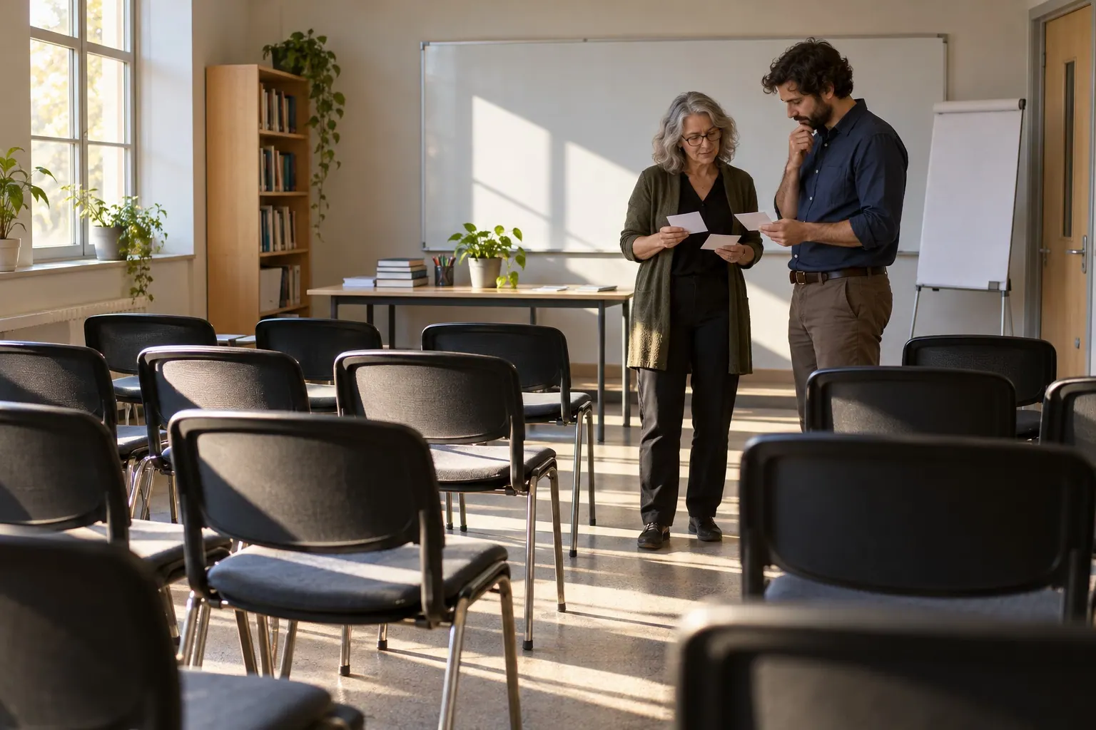 An instructor and coordinator review a session and plan improvements for the next cohort.
