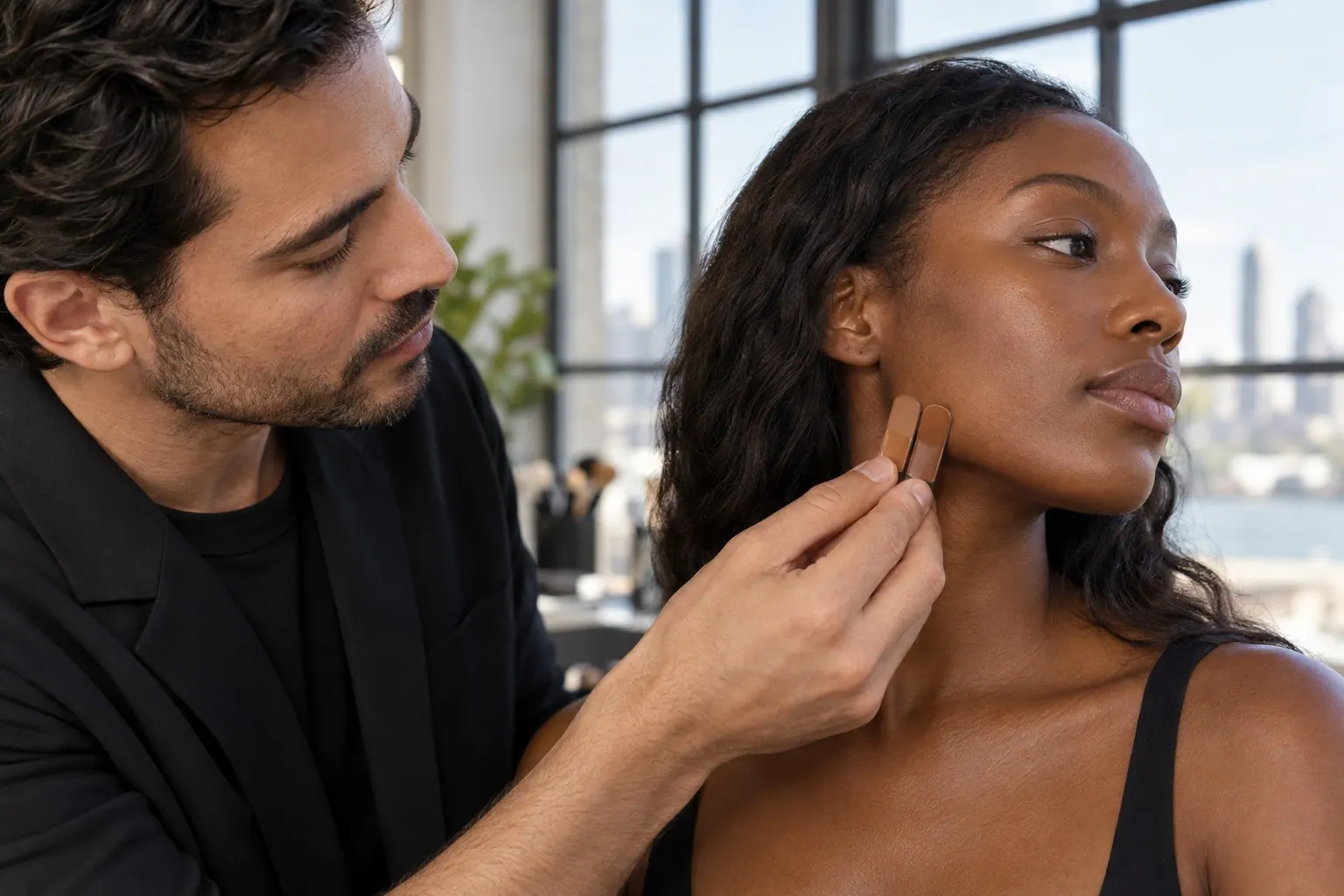 A makeup artist checks two foundation shades against a client's complexion near a window.