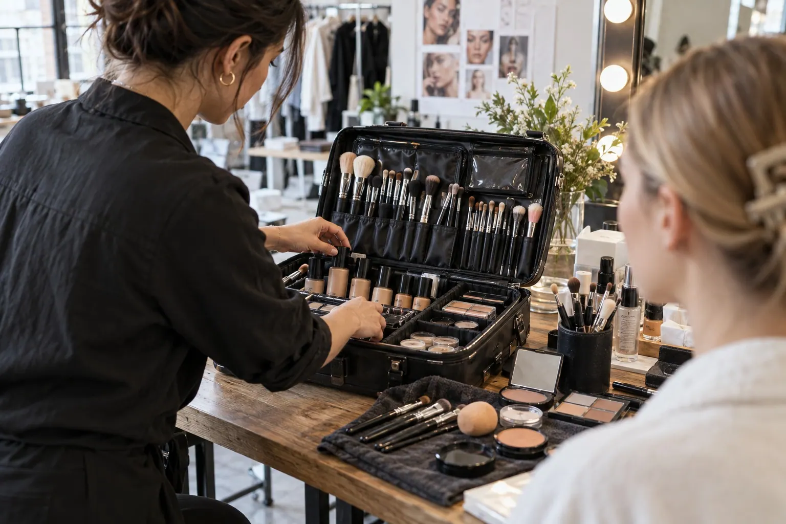 A makeup artist prepares a professional kit and reviews products before a client appointment.
