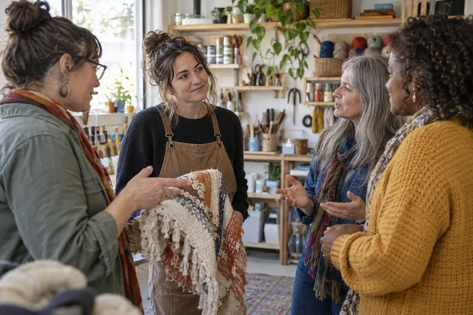 A craft-video creator listens to attendees during a conversation in her studio.