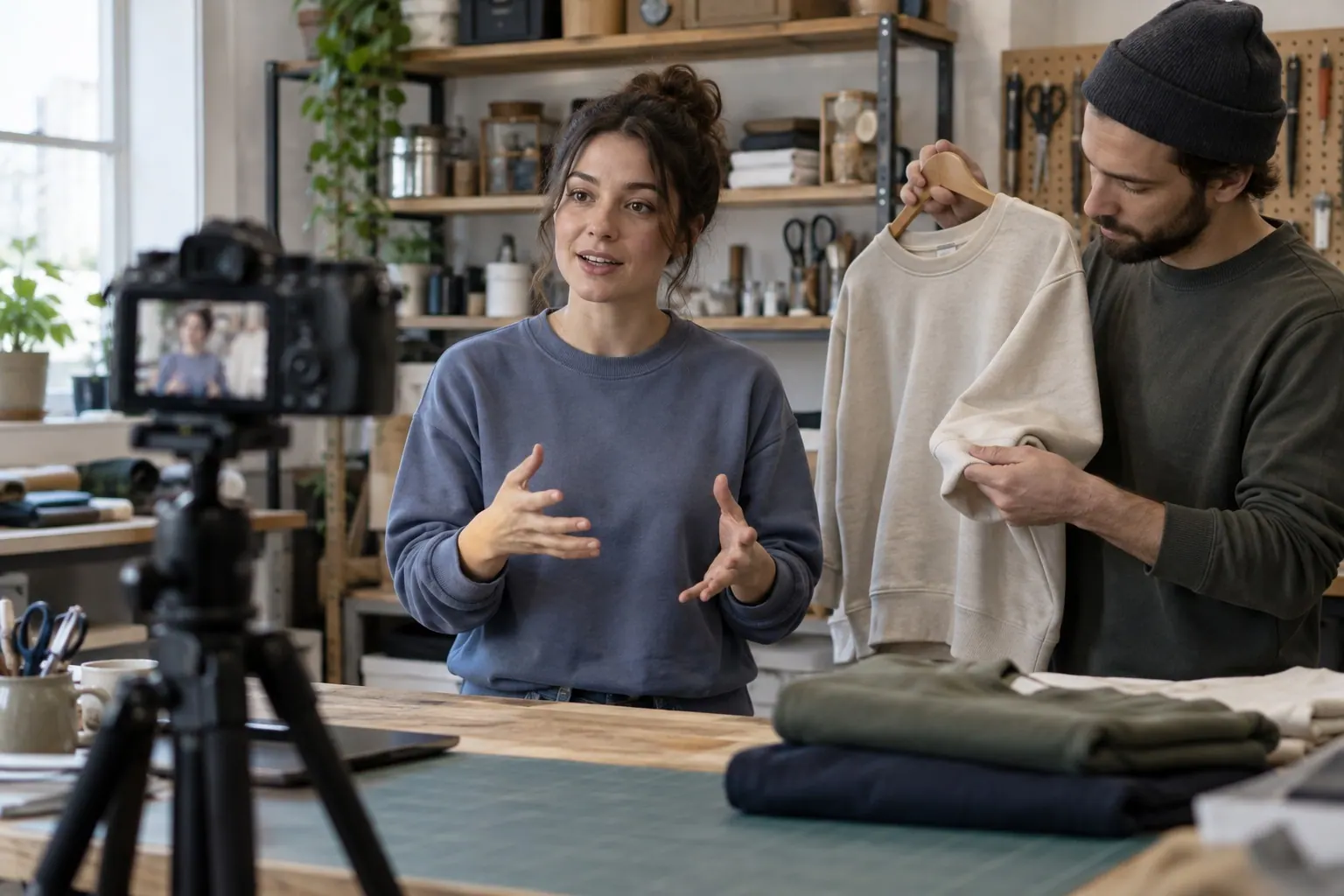 A video creator speaks to a camera in a plain crewneck while a collaborator holds another garment sample.