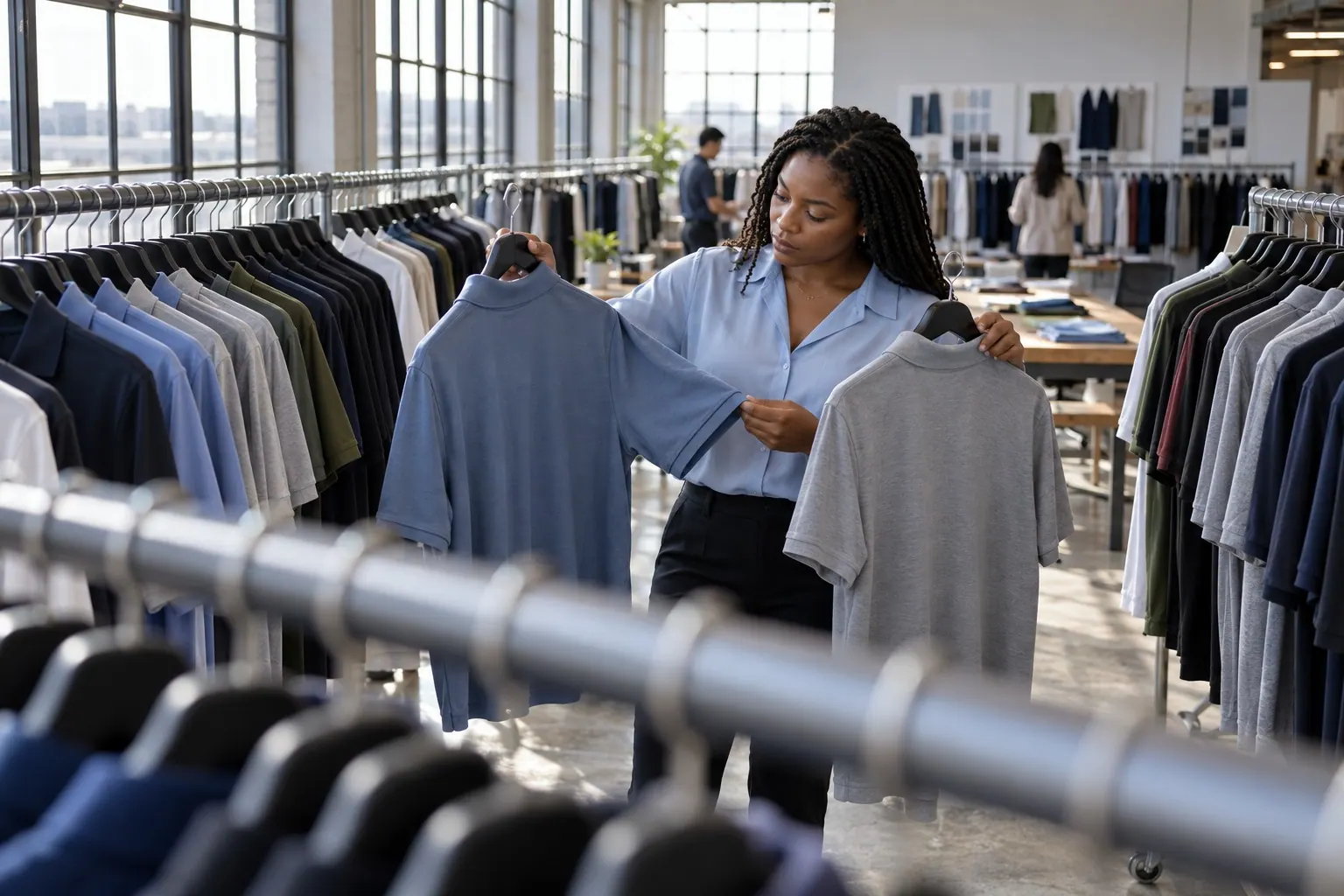 An apparel buyer compares the fabric and cut of plain work shirts along a sample rack.