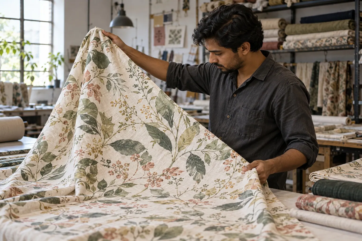A textile technician checks the color coverage of a printed fabric panel before cutting.