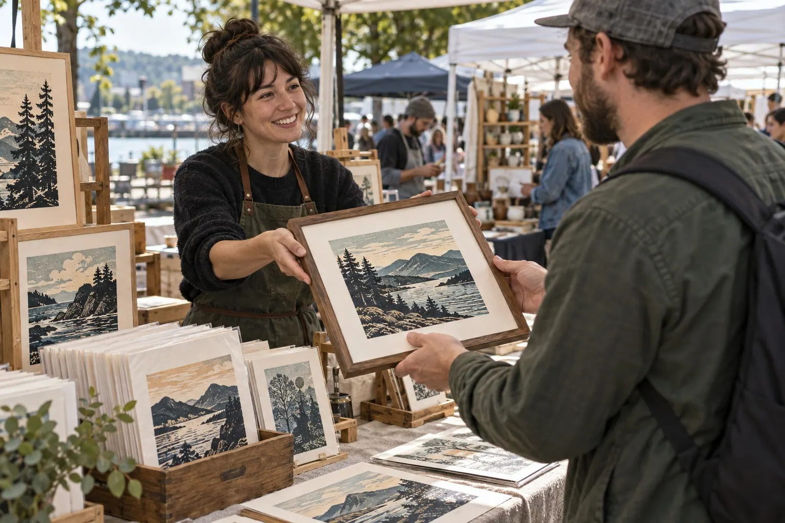 An independent printmaker hands a framed landscape print to a customer at an outdoor market stall.