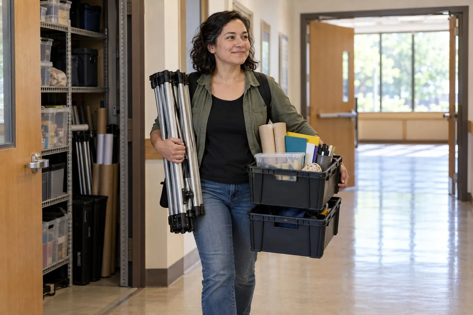 An instructor carries workshop supplies into a bright, multipurpose community room.
