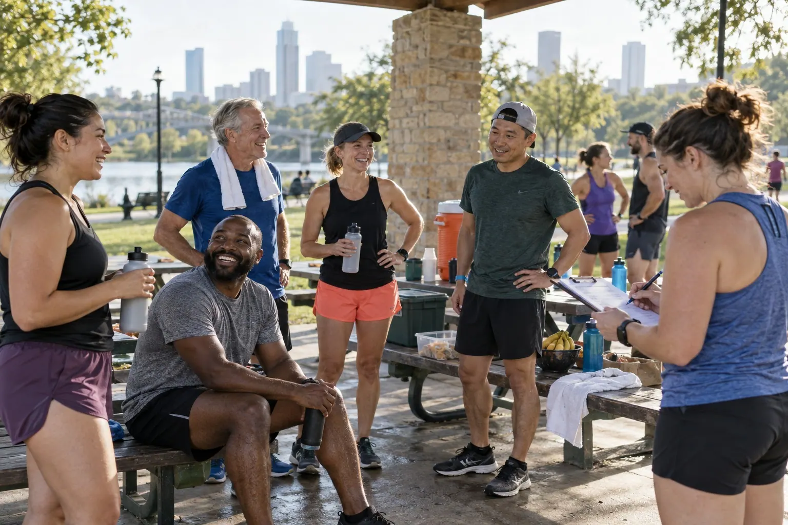 Members of a local running club talk together after a group run in a city park.