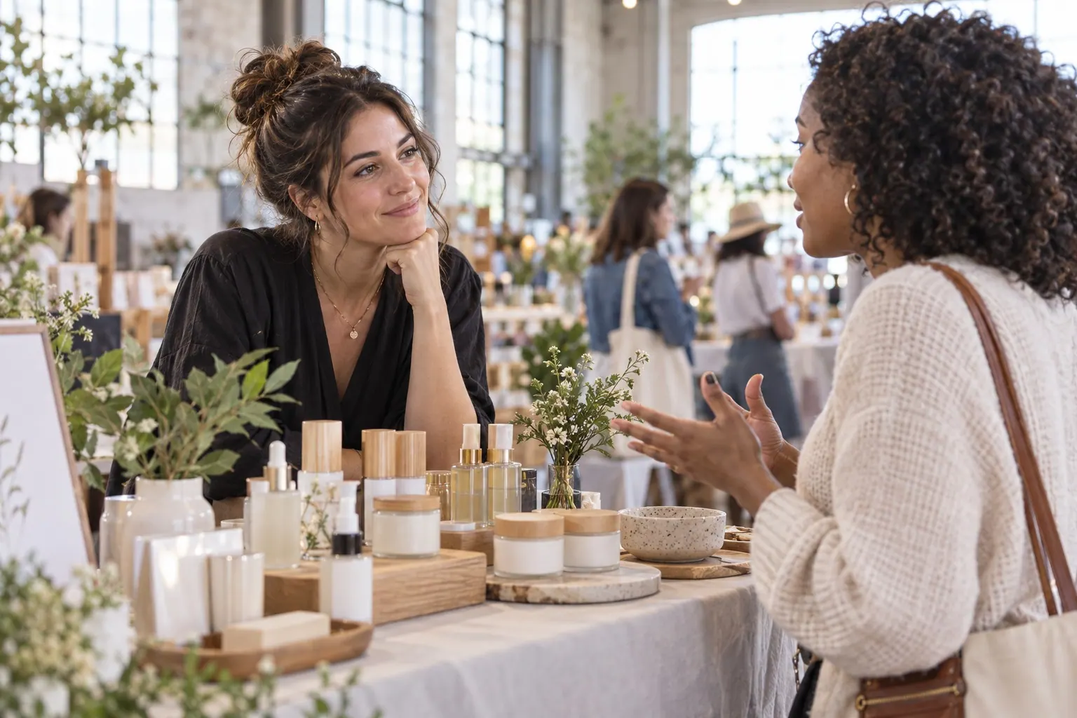 A beauty creator listens to a customer's feedback at a small cosmetics pop-up.