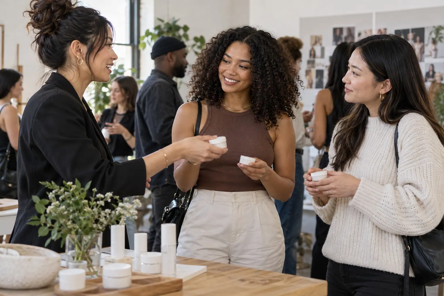 A beauty founder offers cosmetic samples to independent creators during a small community gathering.