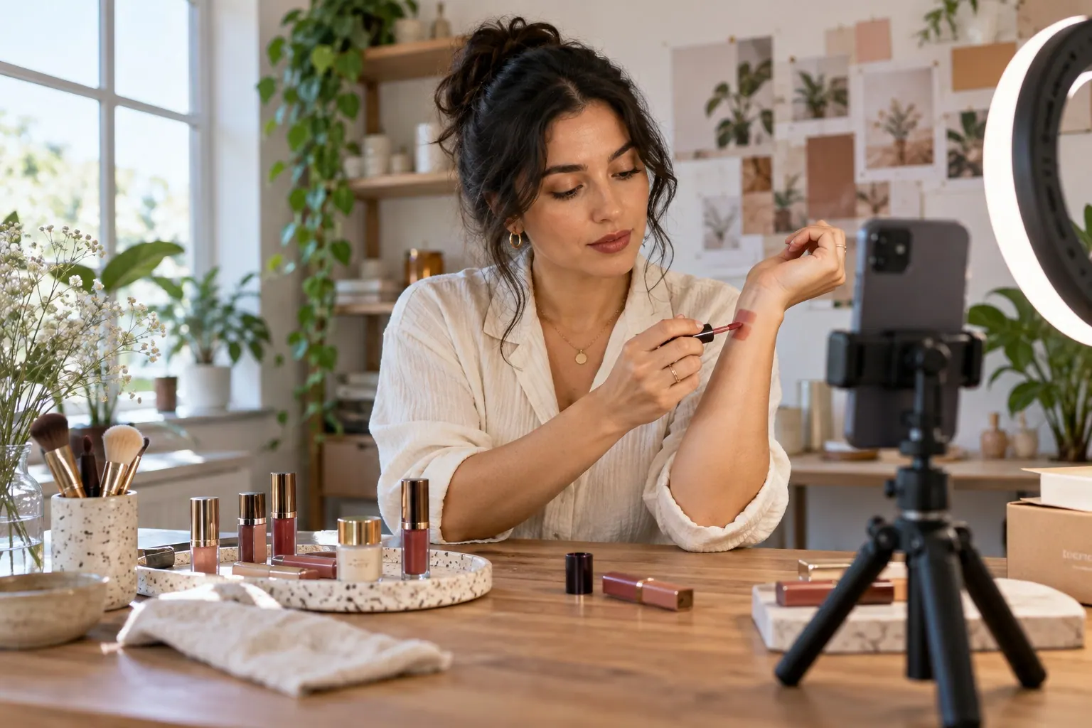 A beauty founder records a lipstick swatch demonstration on her phone in a bright home studio.