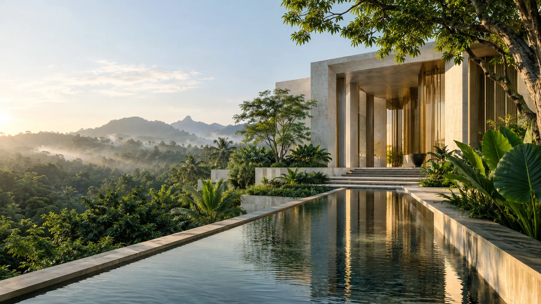 A modern stone building among tropical gardens at sunrise.