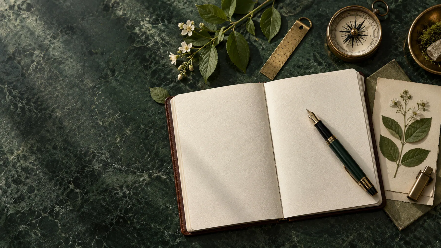An open notebook, compass and pen on a deep green stone surface.