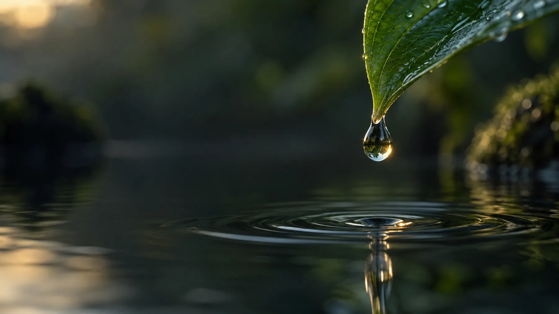 A leaf and a single drop of water falling into a still pool.