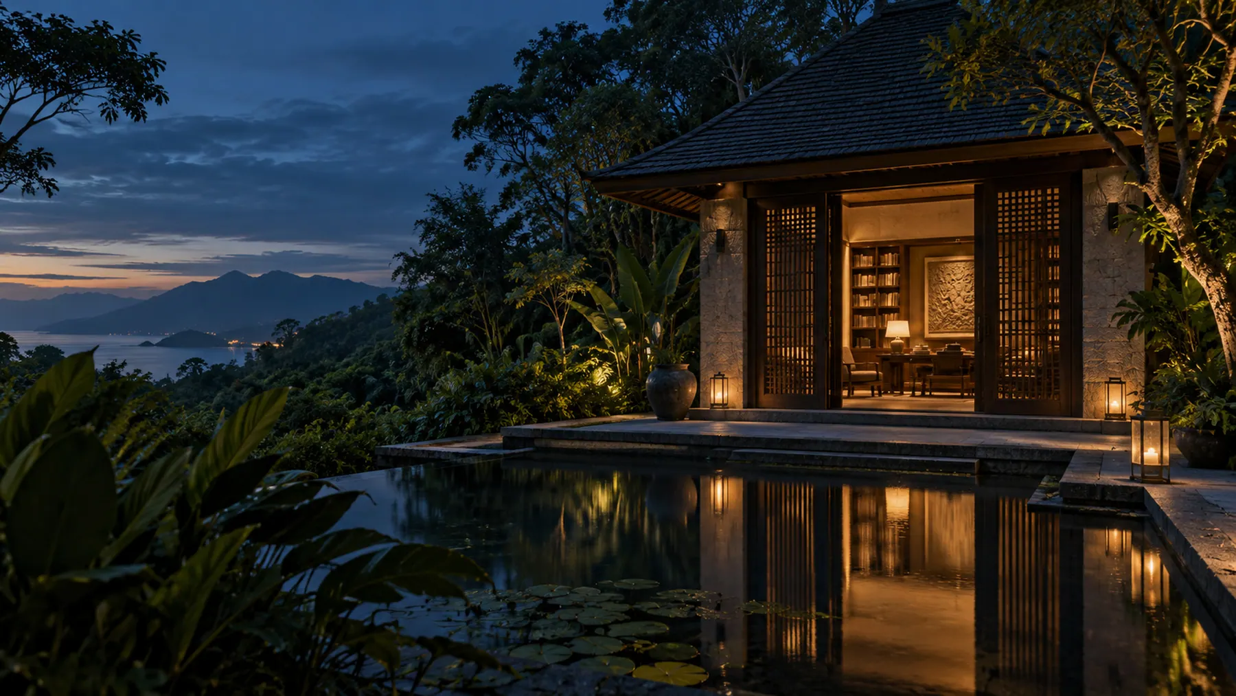 A warmly lit building at blue hour, surrounded by tropical forest.