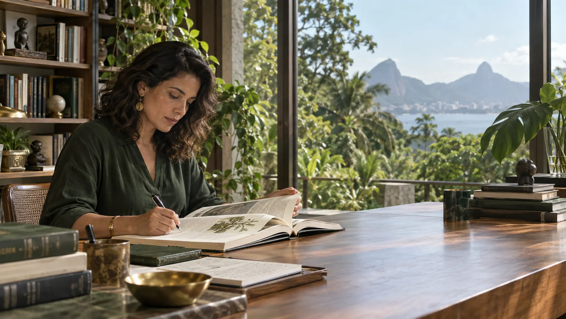 An editorial scene of focused research in a tropical library.