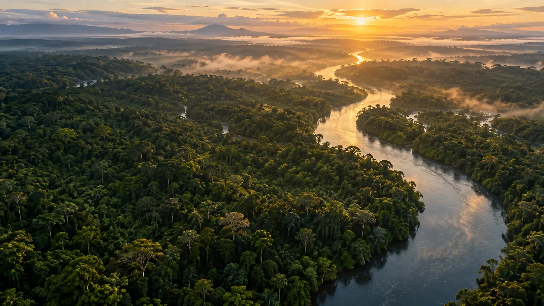 A tropical river winding through a forest at sunset.